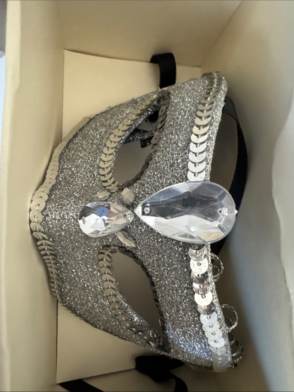 Silver Sequin Jewel-Embellished Women's Mask with Ribbon ties